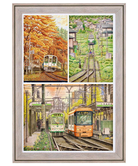 Three Showpiece puzzles with white borders displayed together in a Zephyr Pro combo frame
