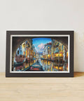 Framed jigsaw puzzle of Venetian canal scene on display.