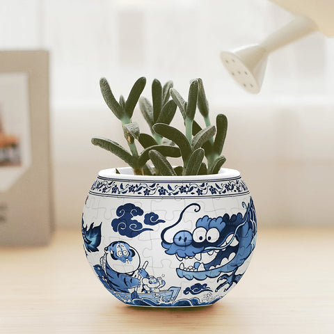 Pintoo K1112 Blue & White by Alexander the Fat Tiger - Sky Fat Dragon - Flower Pot Jigsaw Puzzle